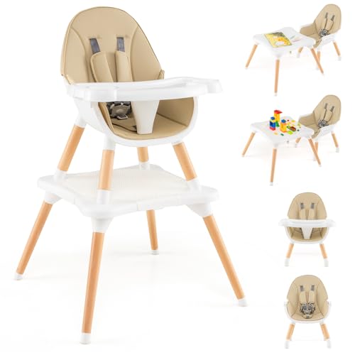 Image of HONEY JOY Baby High Chair, 6-in-1 Convertible Wooden Highchair for Babies and Toddlers/Table Set/Toddler Chair with Safety Harness, 4-Position Removable Feeding Tray (Khaki)