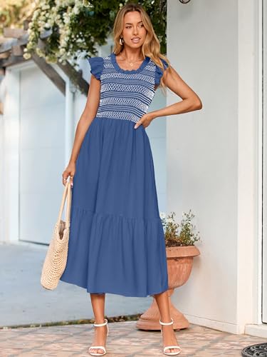 Image of Simplee Womens Summer Midi Dress Casual Boho Smocked Waist Flutter Sleeve A Line Flowy Tiered Dress with Pockets