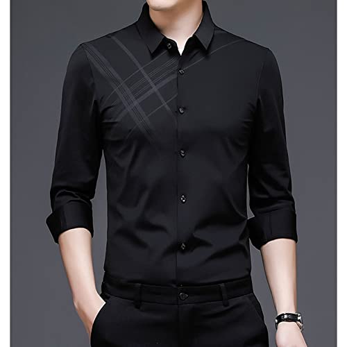Maiyifu-Gj Men Plaid Printed Dress Shirt Turn-Down Collar Button Down Business Shirts Casual Slim Fit Long Sleeve Shirts (Black,48) #TOP2
