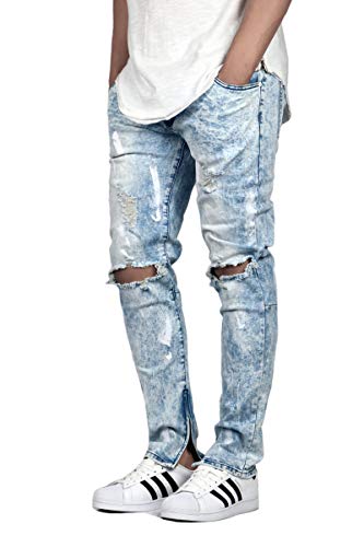 URBANJ Men's Stretch Skinny Fit Paint/Bleach Ankle Zip Jeans