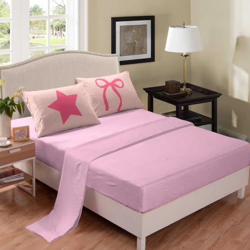 Image of NINENINE Pink Bow Star Comforter Sets, Sweet Galaxy Space Bedding 5PCS Twin Size Comforter Sets for Girls (1Comforter, 1Flat Sheet, 1Fitted Sheet, 2Pillowcases)