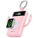 CHALIGTI Portable Charger,5000mAh PD 20W Super Fast Charging Power Bank with Built-in Cables,Travel Keychain Battery Pack for Apple Watch Ultra/11/10/9/8/7/6/SE,iPhone 17/16/15/14/13/12 (Pink)