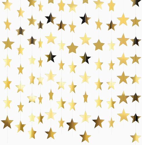 26 Feet Reflective Star Paper Garland - Sparkling Star Bunting Banner Hanging Decoration Sparkling Bunting Banner - for Birthday Holiday Wedding Anniversary Theme Party Supplies (gold)