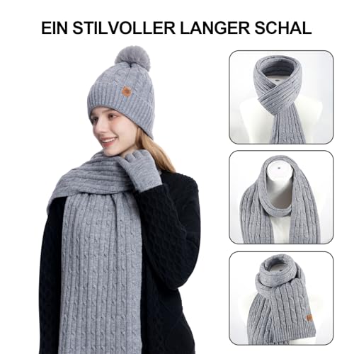 HOSPAOP Mütze, Schal & Handschuh-Sets für Damen 3 in 1 Set – Wintermütze Damen Beanie mit Bommel, Schal Damen Winter, Touchscreen Handschuhe, Wärmeset für Outdoor & Alltag, Grau