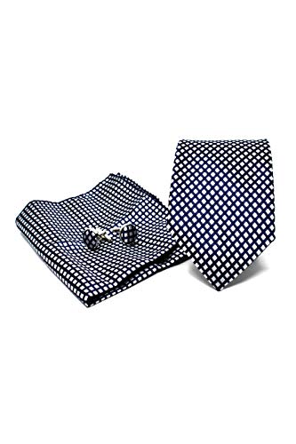 Sweet Leaf Coffret Ensemble Cravate Homme, Mouchoir de Poche, Boutons de Manchette à carreaux Bleu Marine - 100% en Soie - Classique, Elégant et Moderne - (Idéal pour un cadeau, un mariage.)