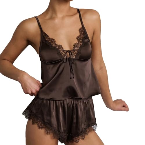 Image of ROAONOCOMO Women Lace Trim Pj Shorts Set Square Neck Coquette Tank Top Silk Satin Pajama Set Babydoll 2 Piece Shorts Outfit