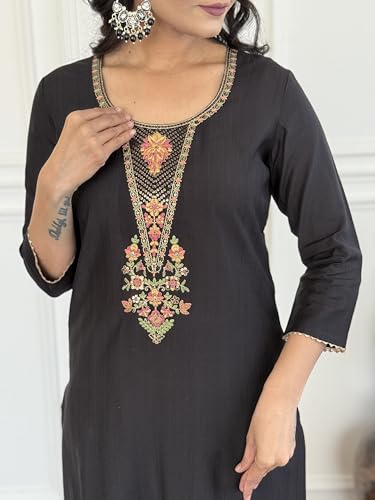 Image of Alvami Women's Silk Embroidery Straight Kurta and Pant Set with Dupatta
