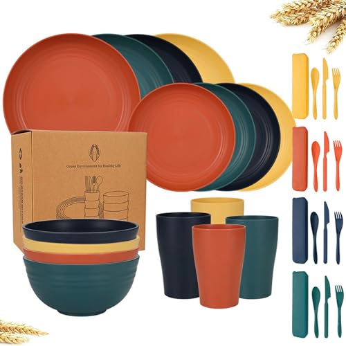 VIHARYEM - Set di stoviglie in plastica, infrangibili, piatti e ciotole in plastica, adatti al microonde e alla lavastoviglie, stoviglie riutilizzabili per campeggio, picnic e uso quotidiano