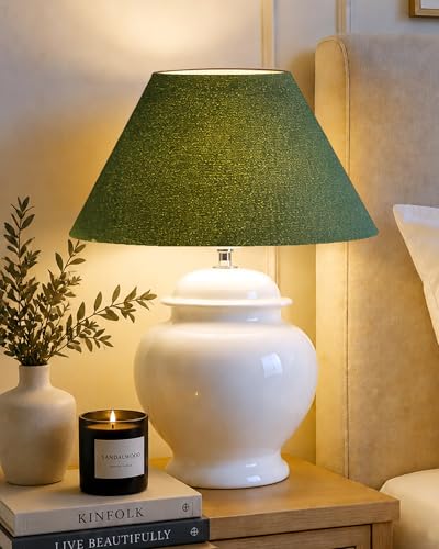 Image of Homesake Ceramic Pot Shaped Base White Table Lamp with Shade, Home Decor Items - Green