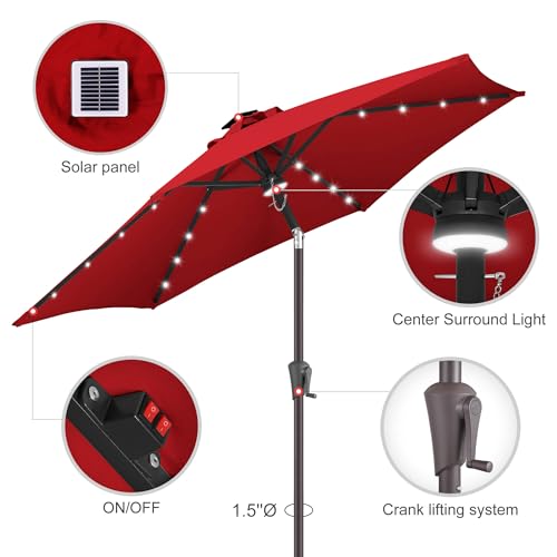 Image of 10ft Solar Patio Umbrella - Outdoor Umbrella with Centre Surround Light 24 LED Lights, Market Table Umbrella with Tilt for Pool, Porch, Garden, Deck, Backyard UV Protection (Red)