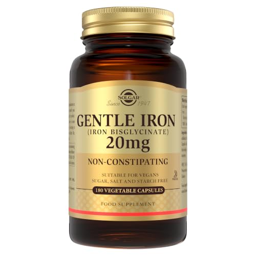 Solgar Gentle Iron (Iron Bisglycinate) 20 mg Vegetable Capsules - Pack of 180 - Reduces Constipating Effects - Gentle on The Stomach - Vegan and Gluten Free