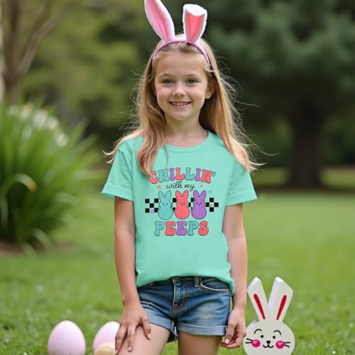 Image of Girls Easter Bunny Shirts Chillin with My Peeps Letter Print T-Shirt Cute Rabbit Short Sleeve Tee Tops