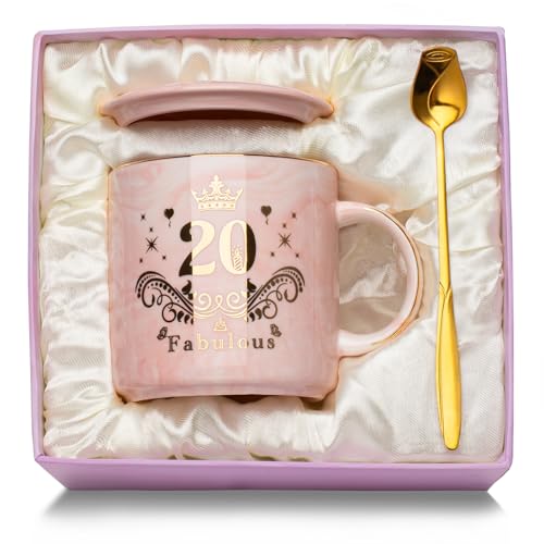 Presentes para meninas de 20 anos, caneca de cerâmica rosa presentes jovens 20 anos, 20 aniversário presente original com tampa, colher e caixa de presente, presente 20 anos menina para amigas, filha,