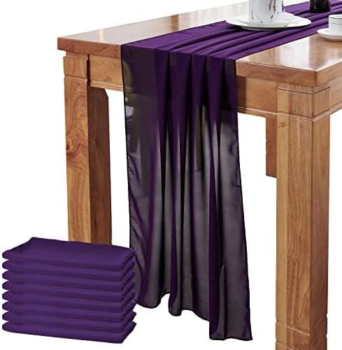DELOVO 8Packs Dark Purple Table Runner 27X120 inches Long Sheer Chiffon Table Runner for Wedding Party Banquets Bridal Home Table Arches Cake Table Decoration