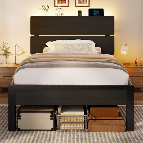 Image of SHA CERLIN Twin Size Bed Frame, Led Light, Charging Station, Storage Shelf | Wooden Headboard, Heavy Duty Slats Support, Metal Platform Bed, Under Bed Storage, No Box Spring Needed, Noise Free, Black
