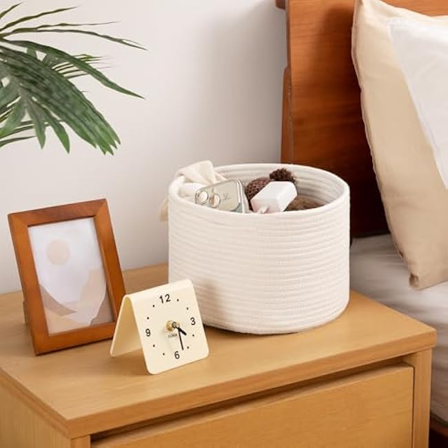 OIAHOMY Small Storage Baskets for Organizing,Closet Cube Shelf Storage, 9.8¡±¡Á9.8¡±¡Á7.1¡±, Woven Cotton Rope Gift Baskets for Nursery,Cute Dog Toy bins, Round 3 Packs, White