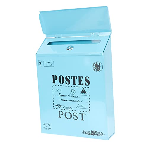 FUTUREORYY Wall Mount Letter Box Vintage Style Iron Lockable Mailbox Blue Outdoor Wall-mounted Post Box Suitable for Home and Garden