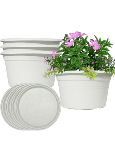 VIDELLY 10 Inch Flower Pots 4-Pack, Plastic Planters with Drainage