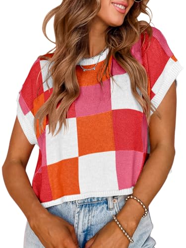 Image of Saodimallsu Womens Cap Sleeve Crop Tops Summer Color Block Going Out Crew Neck Knit Trendy Casual Sweater
