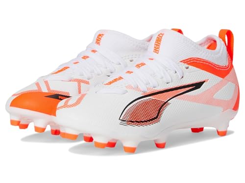 PUMA Ultra 5 Match Firm Artificial Ground (Little Big Kid) Sneaker, White Black/Glowing Red, 3 US Unisex