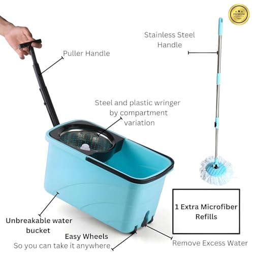 Image of Spin Mop Bucket Set with Stainless Steel Wringer, 360 Rotating Microfiber Mop Head, Adjustable Telescopic Handle, Floor Cleaning System for Home, Kitchen, Bathroom & Office