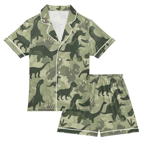 ALAZA Abstract Dinosaur Camouflage Satin Pajamas Set Short Sleeve Button Down Sleepwear Summer Pjs 2 Piece