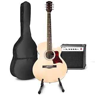 MAX ShowKit Set de Guitare Électrique Acoustique avec Support de Guitare – Bois, Idéal pour Débuter la Guitare - Les Beatles, Paul McCartney, John Lennon, RIngo Starr, George Harrison