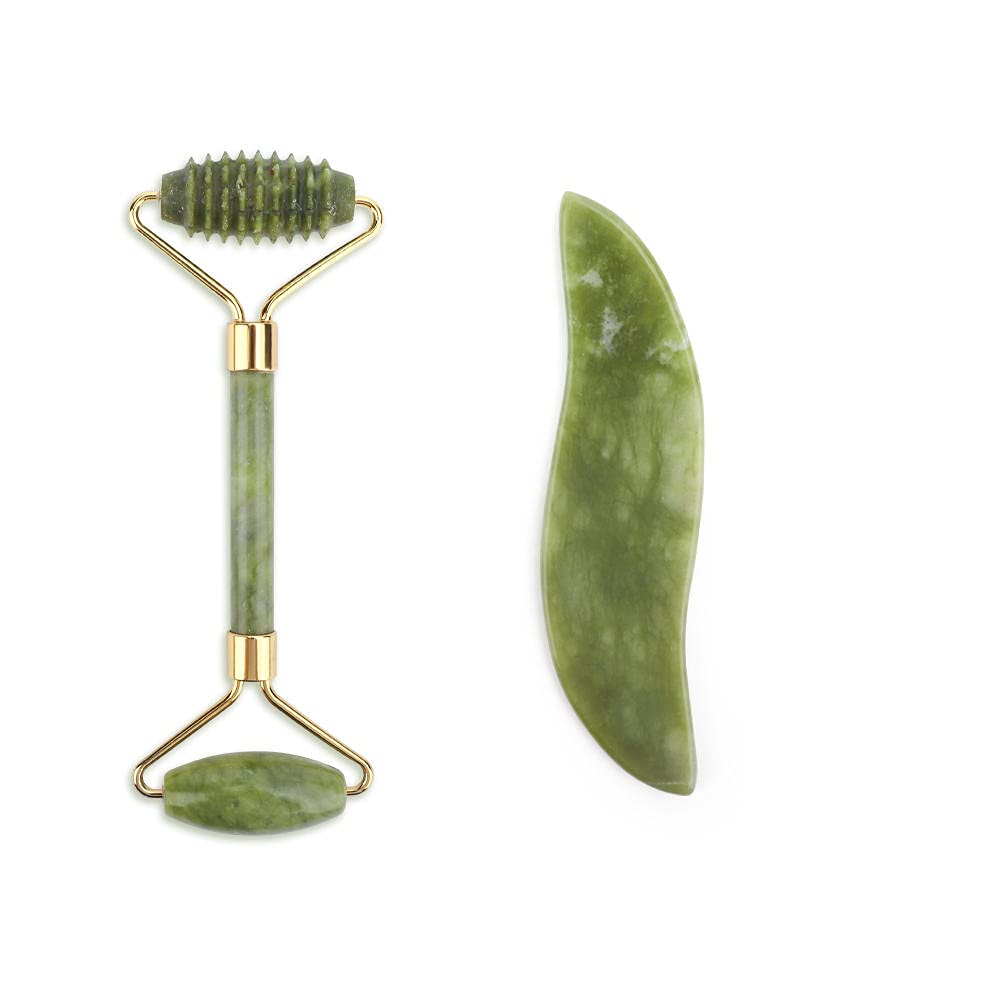 Juego de herramientas de masaje facial de rodillo de jade masajeador facial de piedra natural Guasha tabla de masaje Gua Sha Raspador de jade Rodillo y kit de guasha-E sin caja