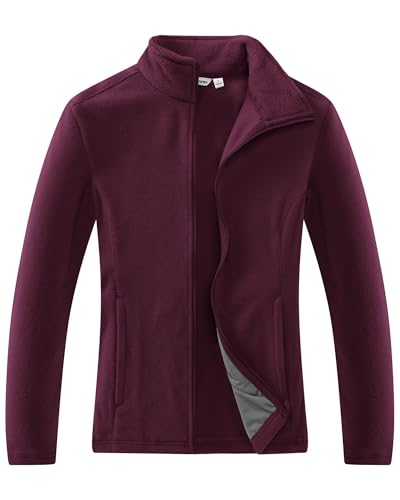 33,000ft Damen Fleecejacke mit Durchgehendem Reißverschluss Stehkragen Damen Leichte Fleece Jacke Outdoor Damenjacke für Wandern und Freizeit,Weinrot L
