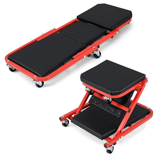 TANGZON 2-In-1 Folding Mechanics Creeper Seat, 150KG Convertible Padded Rolling Car Creeper with 6 Universal Wheels, Heavy Duty Roller Garage Seat for Carport 4S Shop Workshop (Black+Red,36Inch)