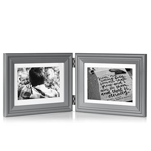 Tamolus 5x7 Double Horizontal Hinged Wood Picture Frame Folding Photo Frame with Real Glass Front in Gray for Tabletop, Display 4x6 with Mat or 5x7 without Mat X2-HUI-2H57