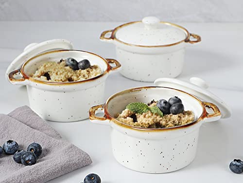 ONEMORE Ceramic Ramekins with Lids – 6oz, Set of 4 – Oven Secure Small Casserole Dish with Handles – Cocotte Set for Particular person Serving – Creamy White
