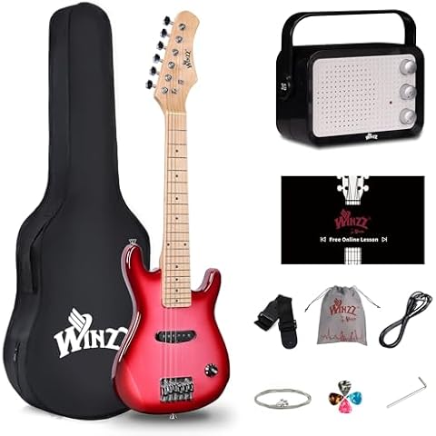 WINZZ 30 Inch Kids Electric Guitar Kit, Beginner Mini Electric Guitar with Amp, Case, Extra Strings, Picks, Strap, Cable and Wrench, Gradient Pink Cover