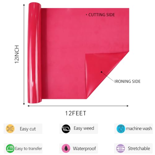Image of HTV Iron on Vinyl 12Inch by 12ft Roll HTV Heat Transfer Vinyl for T-Shirt HTV Vinyl Rolls for All Cutter Machine - Easy to Cut & Weed for Heat Vinyl Design (Rose red, 12ft)