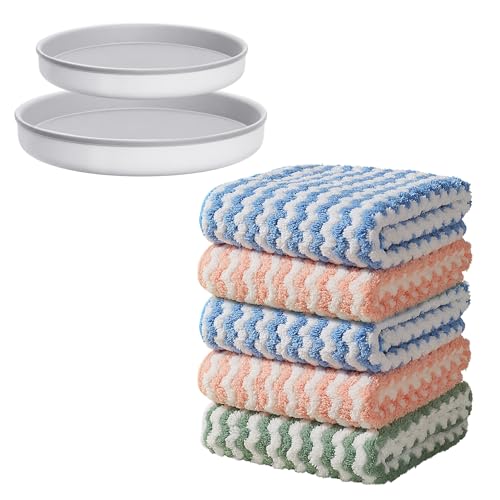 Image of JOYMOOP Microfiber Cleaning Cloth, 5 PCS Kitchen Towels(10 inch x 10 inch), Absorbent Streak Free Lint Cleaning Cloths, Reusable and Washable Dish Rags with 12 inch and 10 inch Lazy Susan Organizer