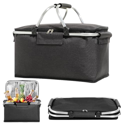 Cesta de la compra plegable de 18 l, bolsa nevera, cesta de picnic, marco plegable de aleación de aluminio con asa de transporte acolchada y aislamiento con cremallera para viajes, picnics, compras