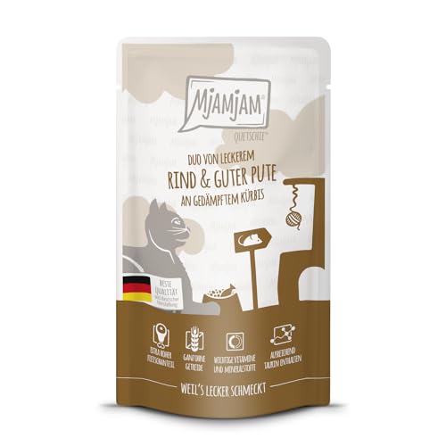 MjAMjAM - Comida húmeda Premium para Gatos - Quetschie - Duo de Deliciosa Carne de Vacuno y Pavo de Calidad sobre Calabaza al Vapor, Pack de 1 (1 x 125g), sin Cereales con Extra de Carne