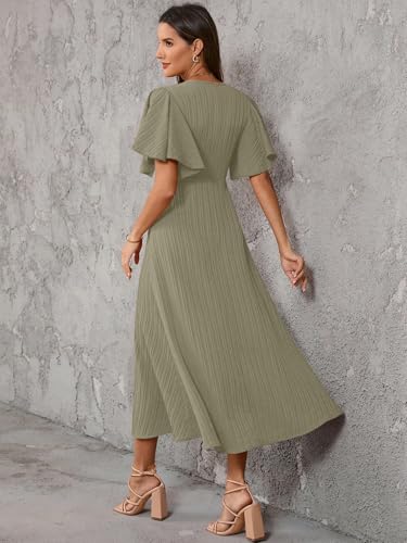 Image of Shasmi Girl's & Women's Pleated Midi Dress with Flutter Sleeves | V-Neck Western Dress for Women | Elegant A-Line Summer Outfit | Office & Casual Wear (Dress 244)