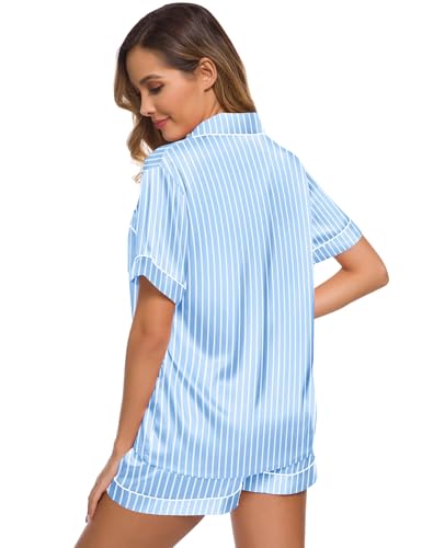 Image of SWOMOG Womens Silk Satin Pajamas Set Short Sleeve Sleepwear Button Down Top and Shorts Loungewear 2 Piece Pjs Set XS-3XL Striped Blue X-Large