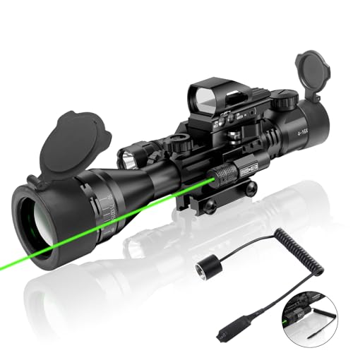 4-16x50AO Rifle Scope Combo Red/Green Dual Illuminated with Tail Switch Green Laser 4 Holographic Reticle Red Dot 5Modes Flashlight for Rail Mount (JG5GL Laser Scope)