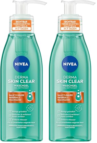 NIVEA Derma Skin Clear - Gel limpiador para una piel visiblemente mejorada, limpieza facial eficaz para pieles con impurezas con ácido salicílico y niacinamida (150 ml) (Paquete de 2)