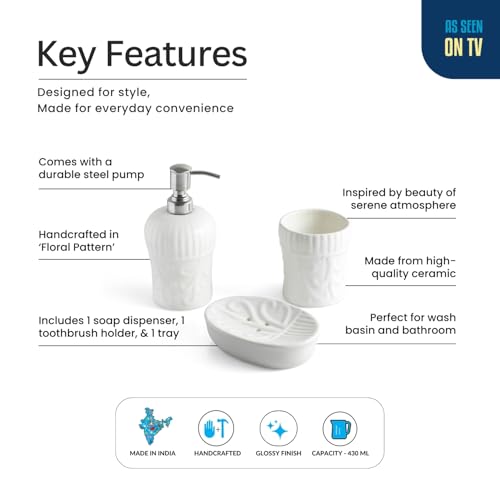 Image of ExclusiveLane 'Ivory Essence' Ceramic Soap Dispenser Set for Bathroom Wash Basin Bathroom Accessories Set of 3 (Liquid Soap Dispenser, Toothbrush Holder, Soap Tray Holder, Hand-Embossed)