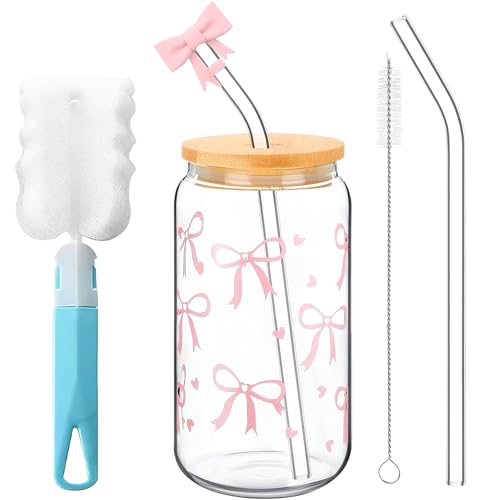 Nhcuijun Trinkgläser mit Deckel und Strohhalm, 16 oz Glasbecher Mit Reinigungsbürste und Pipettenstopfen, Trinkglas für Kaffee, Cocktails, Säfte, Whisky, Tee, Milch, etc