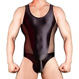 MANJIAMEI Glänzender Herren-Body, Ärmellos U-Ausschnitt, Durchsichtiges Netz, Stretch Unterwäsche, Enganliegend Einteiler, Sexy Herrenwäsche, Nachtwäsche für Party & Club Schwarz
