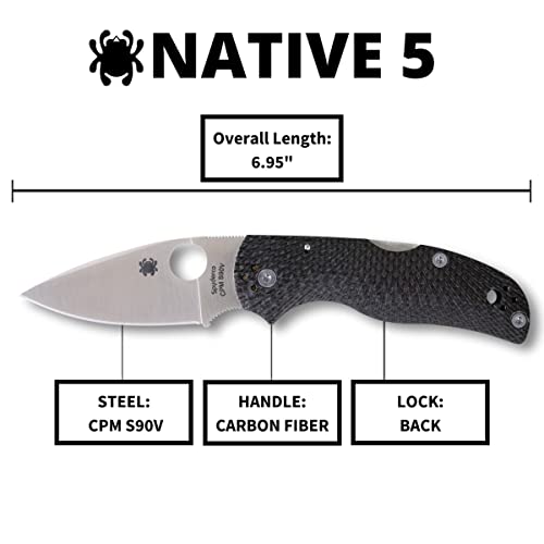 Spyderco Native 5 Knife - Black Carbon Fiber Handle With Plainedge, Full-Flat Grind, Cpm S90V Steel Blade And Back Lock - C41Cffp5 #TOP4