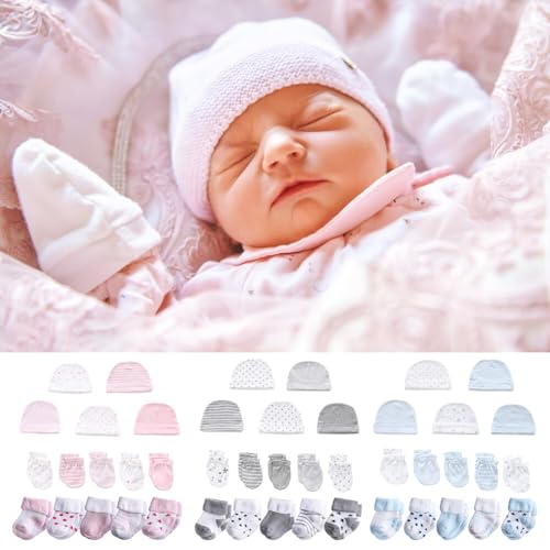 15 Pieces Newborn Cap Mitten Sock, Newborn Hats, Baby Mittens Gloves Infant Socks for 0-6 Months Unisex Baby Boys Girls, Type 23