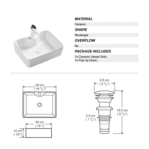 White Bathroom Sink Above Counter Ceramic Bathroom Vanity Sink Bathroom Sink Art Basin (19-1/4 Rectangle) - Thumbnail 4