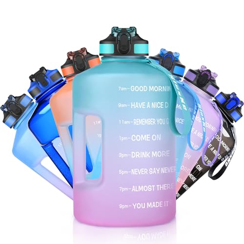 SLUXKE 1,5 Liter Trinkflasche mit Griff BPA Frei, 1500 ml Große Sportwasserflasche mit Trinkhalm und Zeitmarkierung für Sport Gym Fitness Grün/Rosa