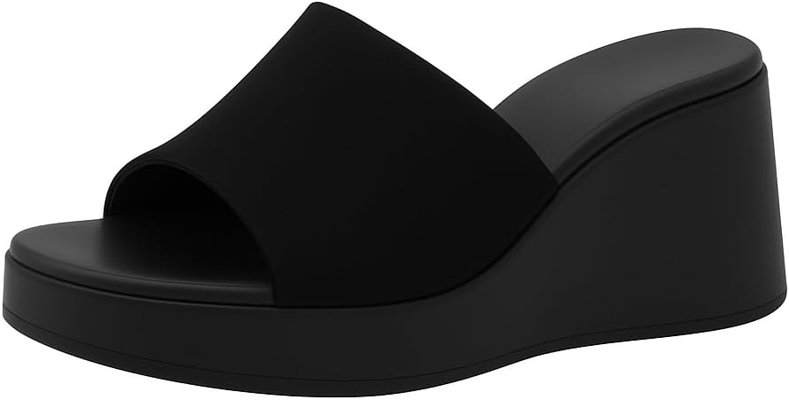 Women's Black Wedge Heels – Open Toe Slip-On Sandals with Platform, Lightweight & Comfortable Summer Sandal for Casual & Office Use CKT-5005
