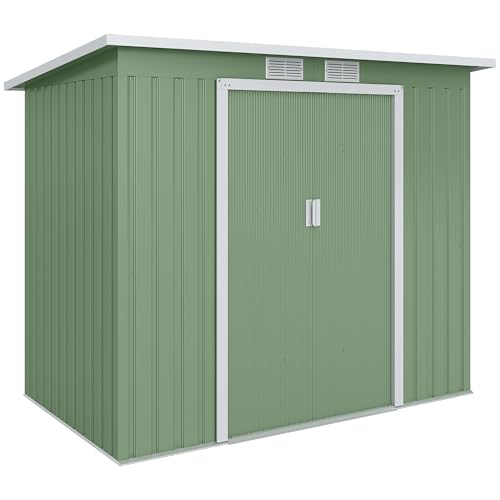 Outsunny Caseta de Jardín Exterior 2,4 m², 213x130x172 cm, Cobertizo de Jardín Exterior Metálico con Puerta Corredera, Techo Inclinado, Base Refuerzo (Suelo NO Incluido) y 2 Ventanas, Verde